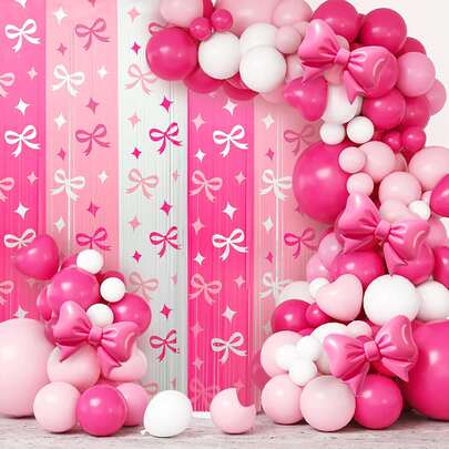 1/2 件装粉色蝴蝶结铝箔流苏帘，蝴蝶结金属装饰流苏雨滴帘，浪漫拍照背景道具，3.3 x 6.6 英尺，粉色流苏装饰，适用于情人节装饰、新娘聚会、婚礼礼物、婚房装饰、主题生日派对装饰背景