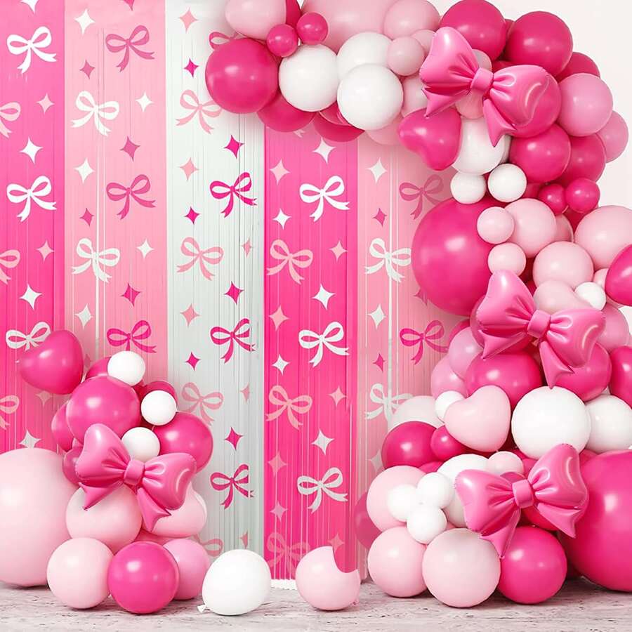 1/2 件装粉色蝴蝶结铝箔流苏帘，蝴蝶结金属装饰流苏雨滴帘，浪漫拍照背景道具，3.3 x 6.6 英尺，粉色流苏装饰，适用于情人节装饰、新娘聚会、婚礼礼物、婚房装饰、主题生日派对装饰背景 - 彩色 - 查看 1