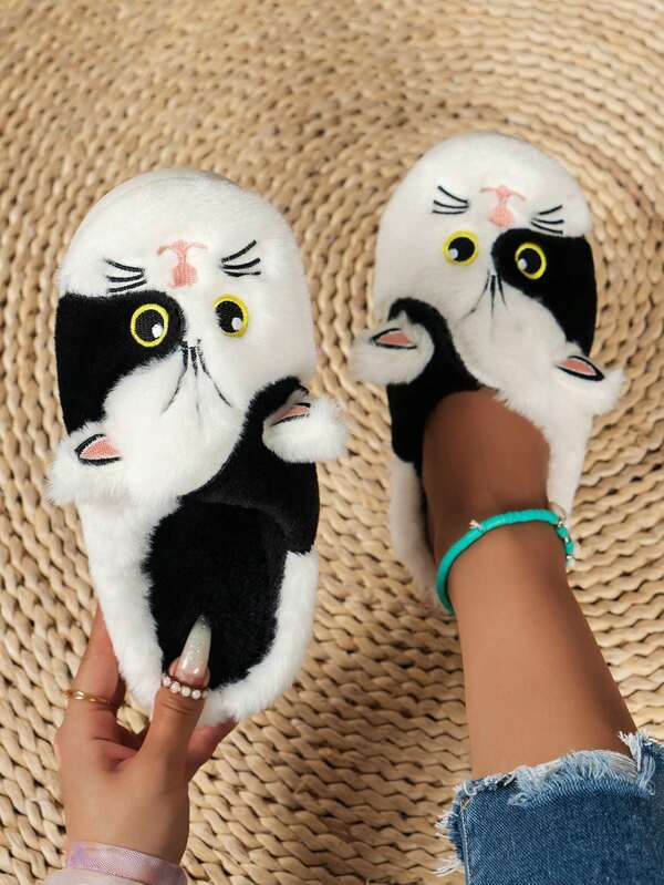 Women's Cute Cat Pattern Indoor Soft Bottom Warm Non-Slip Plush Slippers, Suitable For Winter