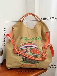 1pc Fashionable Versatile Embroidered Tote Bag, Cartoon Mushroom Pattern, Lightweight Nylon Commuter Foldable Shopping Bag - Multicolor - View 5