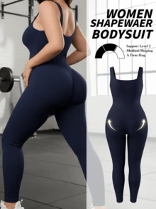 Plus Size Women Seamless Tummy Control Lifting Arm Jumpsuit Shapewear, Casual Yoga Outfit For Outdoor Wear