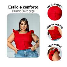 Women's Summer Plus Size Cropped Blouse With Ruffled Sleeves, Button Detail, Back Zipper, Curve Look, Sizes 44 To 54 - Red - View 7