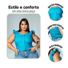 Women's Summer Plus Size Cropped Blouse With Ruffled Sleeves, Button Detail, Back Zipper, Curve Look, Sizes 44 To 54 - Tiff Blue - Ver 4