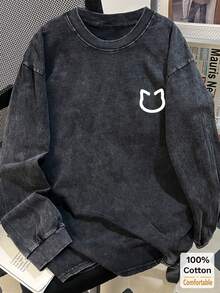 Oversized Vintage Black Cat Print Cotton Washed Long Sleeve T-Shirt, Loose & Slimming Design - Black - View 2