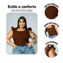 Women's Summer Plus Size Cropped Blouse With Ruffled Sleeves, Button Detail, Back Zipper, Curve Look, Sizes 44 To 54 - Óxido marrón - Ver 5