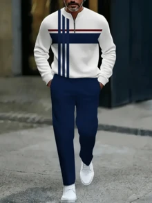 2PCS High-Quality Polyester Men's Long-Sleeved + Long Pants Sportswear Set, 3D Printed Pattern, Anti-Wrinkle And Easy To Care For, Half-Collared Top, European And American Style, Fitness, Outdoor Leisure, Golf, Tennis - 藏蓝色 - 查看 3