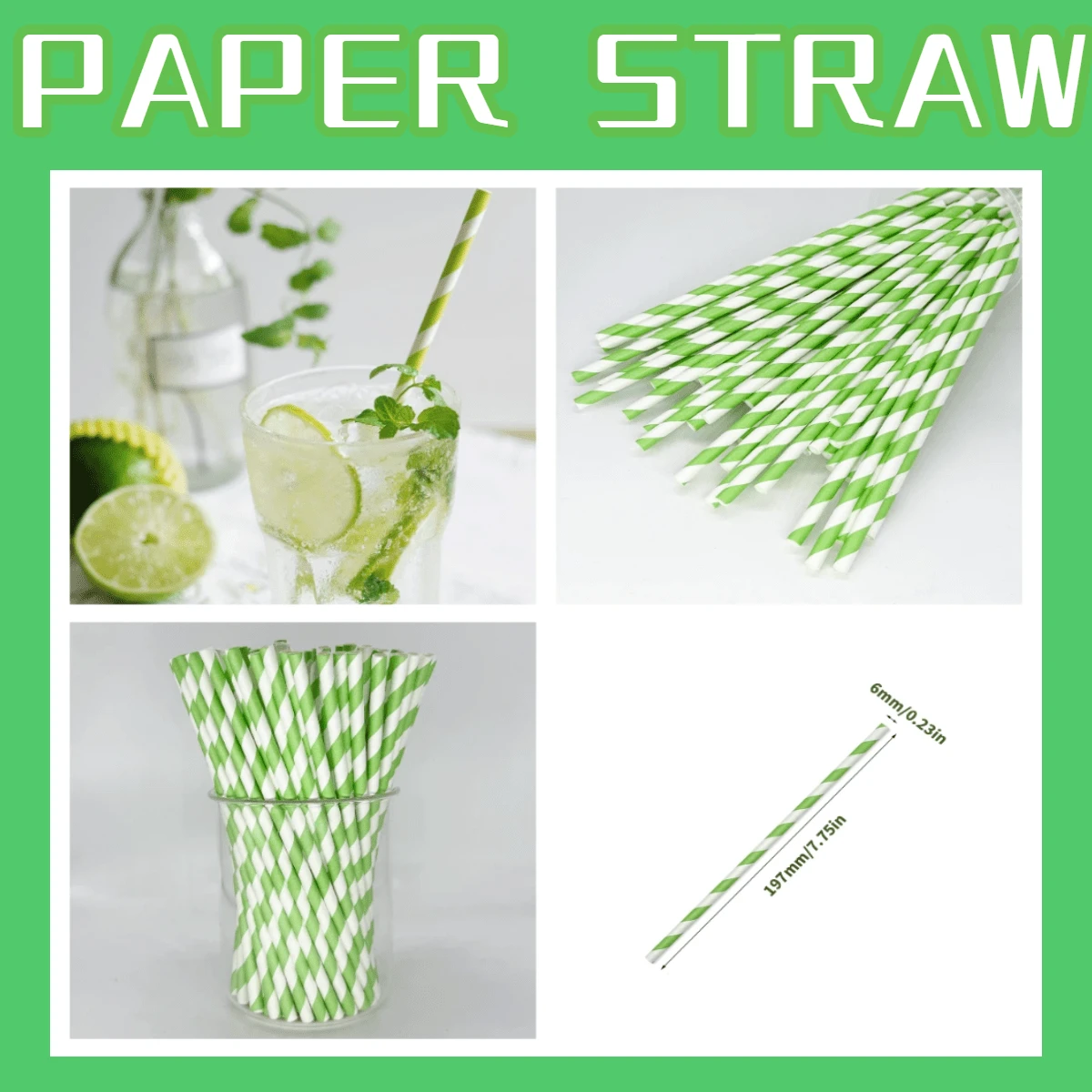 100支/包 绿白条纹一次性纸吸管 6*197mm | 适用于生日、婚礼及各种活动，是各种场合饮用的理想选择，也可用作学校用品，可溶于水的派对吸管