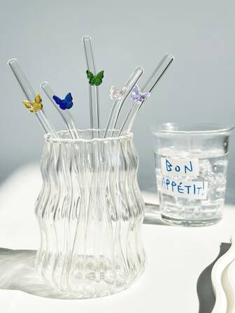 2pcs Colorful Butterfly Shaped Heat Resistant Glass Straws, Anti-Scalding Straws For Milk Tea, Juice, Milk, Etc, Kitchen, Christmas Gift,School Supplies