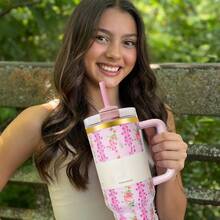 Compatible With Stanley 40 Oz H2.0 Tumbler With Handle, Double Walled Vacuum Insulated Stainless Steel Water Bottle Premium Summer Drinkware Portable Handy Flask Travel Mug Iced Coffee Cup For Outdoor Camping, Hiking, Driving, Travel, Perfect Gift Idea - 粉色 - 查看 2