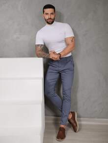 Men's Smart Casual Trousers In Premium Satin Fabric With Tailored Detail And Welt Pockets - 石油藍 - 查看 2