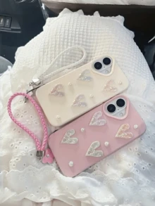 Cute Solid Faux Leather Texture Phone Case (White/Pink) With Laser Cut Heart, Faux Pearl Decor & Detachable Lanyard, Anti-Slip & Shock-Proof - Compatible With Apple 11-17/Pro/Pro Max/Plus, Mate40-60/Pro, P50-70/Pro - Holiday Gift, Best Friend Gift, Christmas Gift