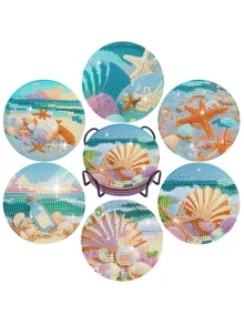 6pcs Ocean Creatures Design Diamond Painting Coasters With Holder, Diamond Art Coaster DIY Set, Suitable For Beginners Arts Crafts Supplies - Multicolor - View 9
