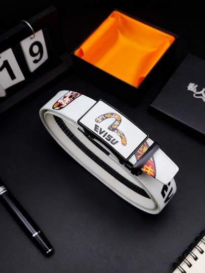 男士自动扣皮带，白色，可个性化印花，用途广泛，适合商务、休闲、派对、旅行等场合，长度120厘米，复古秋季/都市穿搭经典圣诞冬季时尚日常男士男友礼物