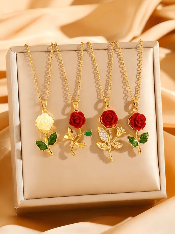 1pc Stainless Steel Rose Flower Pendant Necklace, Autumn/Winter Sweater Accessory, Holiday Gift
