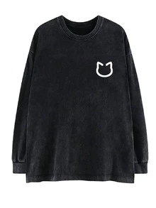 Oversized Vintage Black Cat Print Cotton Washed Long Sleeve T-Shirt, Loose & Slimming Design - Black - View 4