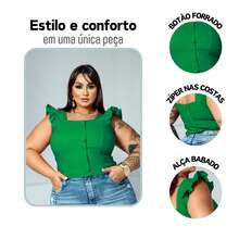 Women's Summer Plus Size Cropped Blouse With Ruffled Sleeves, Button Detail, Back Zipper, Curve Look, Sizes 44 To 54 - Green - View 3