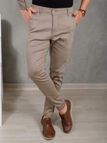 Men's Smart Casual Trousers, Premium Satin Fabric, Tailored Style, Welt Pockets - 米色 - 查看 14