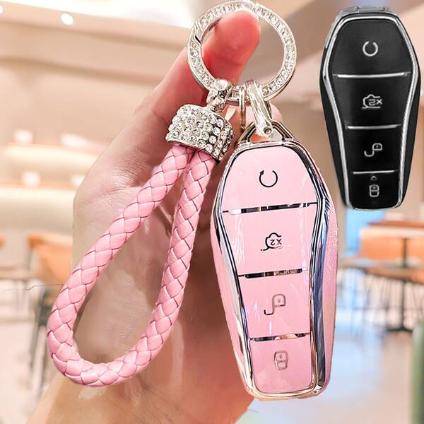 Capa protetora para chave BYD Song/Plus ATTO com chaveiro de strass, capa protetora para controle remoto de chave de carro, compatível com BYD Song/Plus ATTO 3 Dolphin Tang Demi Electric Vehicle Qin Yuan Pro E9 Keyless Car Accessories - Capa protetora preta elegante com chaveiro de metal, proteção para chave de carro, capa para chaveiro de carro
