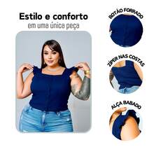 Women's Summer Plus Size Cropped Blouse With Ruffled Sleeves, Button Detail, Back Zipper, Curve Look, Sizes 44 To 54 - Azul Marino - Ver 4