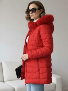 MODA MANIA Chaqueta Acolchada Para Mujer Premium, Súper Cálida con Capucha de Pelo Sintético Desmontable, Estilo Moderno y Funcional para Invierno y Otoño - Rojo - Ver 3