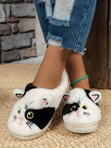 Women's Cute Cat Pattern Indoor Soft Bottom Warm Non-Slip Plush Slippers, Suitable For Winter