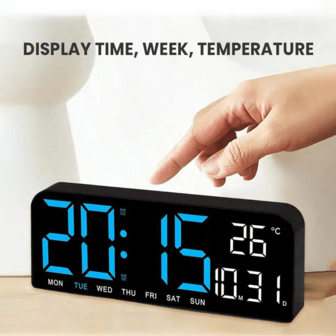 1 pieza Reloj de pared digital moderno grande y reloj de mesa con pantalla LED regulable inteligente, 4 niveles de brillo, alarmas duales, temperatura/fecha/día de la semana/temporizador de cuenta regresiva, formato de 12/24 horas (baterías no incluidas) - Reloj de pared enchufable, adecuado para el hogar, la sala de estar, la oficina - Marco negro, incluye hardware de fácil instalación