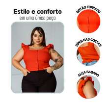 Women's Summer Plus Size Cropped Blouse With Ruffled Sleeves, Button Detail, Back Zipper, Curve Look, Sizes 44 To 54 - Orange - View 4