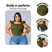 Women's Summer Plus Size Cropped Blouse With Ruffled Sleeves, Button Detail, Back Zipper, Curve Look, Sizes 44 To 54 - Verde militar - Ver 3