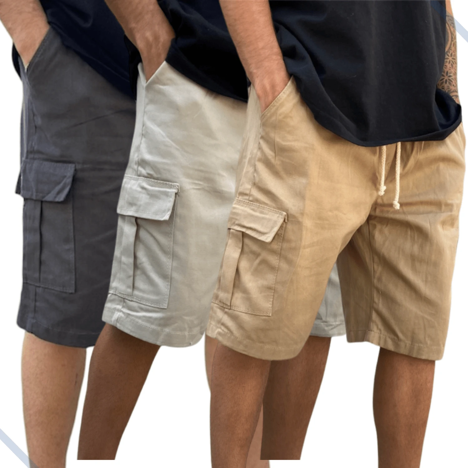 Ondway Kit Of 3 Beige/Gray Men's Cargo Shorts, Wide Leg, Skate Shorts, Side Pockets, Dressy, Spring/Summer, Going Out, Twill, Streetwear - 米色/冰灰色/灰色 - 查看 1