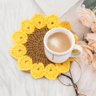1/4pcs Handmade Woven Sunflower Coasters - Heat Resistant Polyester Material, Vibrant Yellow-Brown Floral Design, Home Decor Table Protector Mats, Great Gift