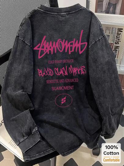 女款超大复古黑色棉质水洗长袖 T 恤，字母印花，宽松修身设计