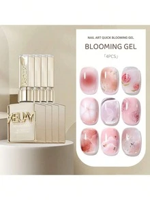 XEIJAYI 4 piezas de 15ml Gel de florecimiento para uñas, recubrimiento de goma transparente de larga duración, fortalecedor de uñas LED UV, acabado brillante superior de esmalte de gel para uñas