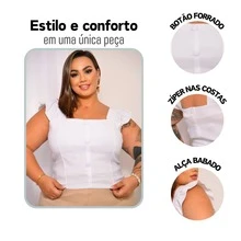 Women's Summer Plus Size Cropped Blouse With Ruffled Sleeves, Button Detail, Back Zipper, Curve Look, Sizes 44 To 54 - Blanco - Ver 5