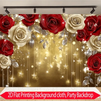 1pc Valentine's Day Background Banner With Elegant Red Rose With Gold Decoration, Ribbon Design And Sparkling Stars For Wedding, Birthday, Graduation, Home, Photoshoot Background With Valentine's Day Themed Decoration