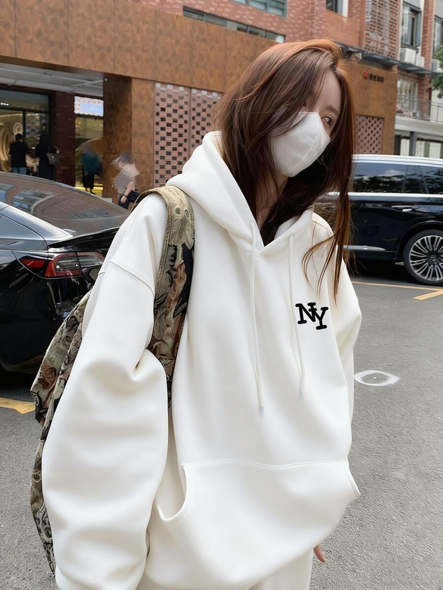 女士休闲宽松字母印花卫衣，美式风格，白色，秋季款 - 白色 - 查看 1