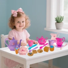 Juego de té para niñas pequeñas de 21 piezas, juego de té para niños, que incluye tetera, galletas y comida simulada, accesorio de juguete para fiestas de té para niños pequeños, color aleatorio, gran regalo para niños y niñas - Morado - Ver 9