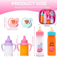 娃娃喂食套装，适合3岁及以上儿童的派对游戏套装，包含魔法奶瓶、奶嘴、手提包、刀、勺、叉和盘子。多种款式可选。是增进亲子关系和派对游戏的理想之选，也是完美的节日礼物。（配件图案和颜色随机）（不含娃娃） - 多 - 查看 3