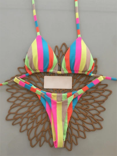 两件套条纹印花比基尼套装，休闲可爱优雅性感波西米亚风系带比基尼，适合海滩度假、春夏穿着