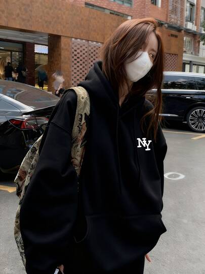 Women's Black Hooded Sweatshirt, Casual American Loose Slouchy, Letter Print Hoodie Jacket For Autumn