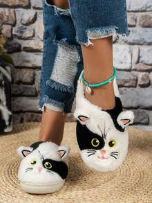 Women's Cute Cat Pattern Indoor Soft Bottom Warm Non-Slip Plush Slippers, Suitable For Winter