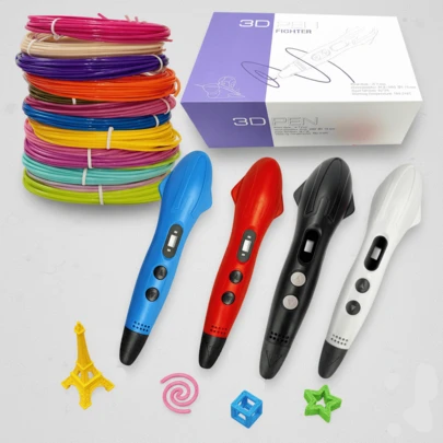 3D Printing Fighter Pen Set Doodle Printer Drawing 12 Colours PLA Filament Stencil Book + Project Guide, And Usb Charger Cable