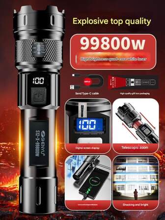 1支高亮度手电筒 | 5种照明模式，可调节变焦，C型充电接口，智能电量显示，内置高容量锂电池，经久耐用 | 适用于户外活动、露营和钓鱼