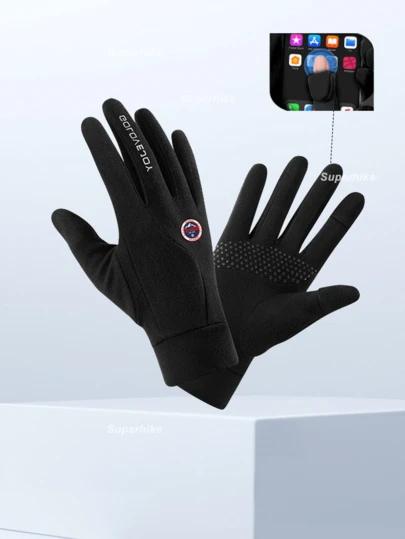 一双男女通用滑雪内衬触屏手套，保暖手套，适合骑行、雪地摩托、单板滑雪，翻盖设计，黑色保暖抓绒手套，耐磨防水防风，适合青少年户外滑雪、露营、旅行、徒步，也可作为冬季新年或圣诞节礼物。