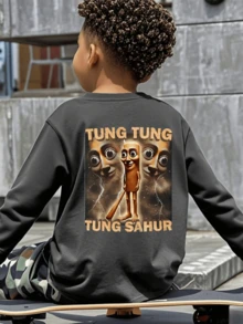 1pc Toddler Boys' Casual Printed Crew Neck Long Sleeve T-Shirt, Comfortable Student Wear, Autumn - Dark Grey - View 5