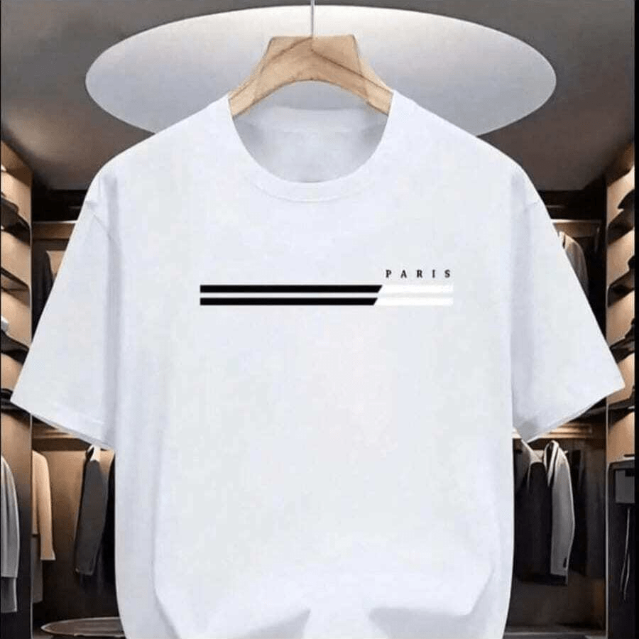 Camiseta Masculina Paris 2 Faixas 100% Algodão Camisa Manga Curta