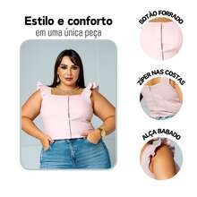 Women's Summer Plus Size Cropped Blouse With Ruffled Sleeves, Button Detail, Back Zipper, Curve Look, Sizes 44 To 54 - Baby Pink - View 3