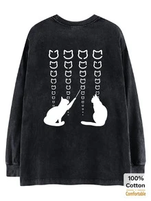 Oversized Vintage Black Cat Print Cotton Washed Long Sleeve T-Shirt, Loose & Slimming Design - Black - View 3