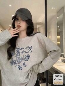 Autumn Cotton Long Sleeve T-Shirt Women, Cartoon Print Loose Mid-Length Top, Fashionable Floral Gray - Gray - View 1