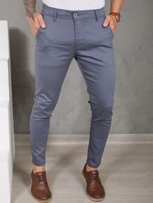 Men's Smart Casual Trousers, Premium Satin Fabric, Tailored Style, Welt Pockets - 石油藍 - 查看 6