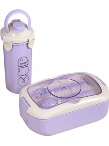 Bộ hộp cơm bento và bình nước 2 món, hộp cơm lớn 4 ngăn kèm thìa, dĩa và hộp đựng nước chấm, dùng được trong lò vi sóng, phù hợp cho người đi làm, đi học và học sinh. - Nhiều màu - Xem 10